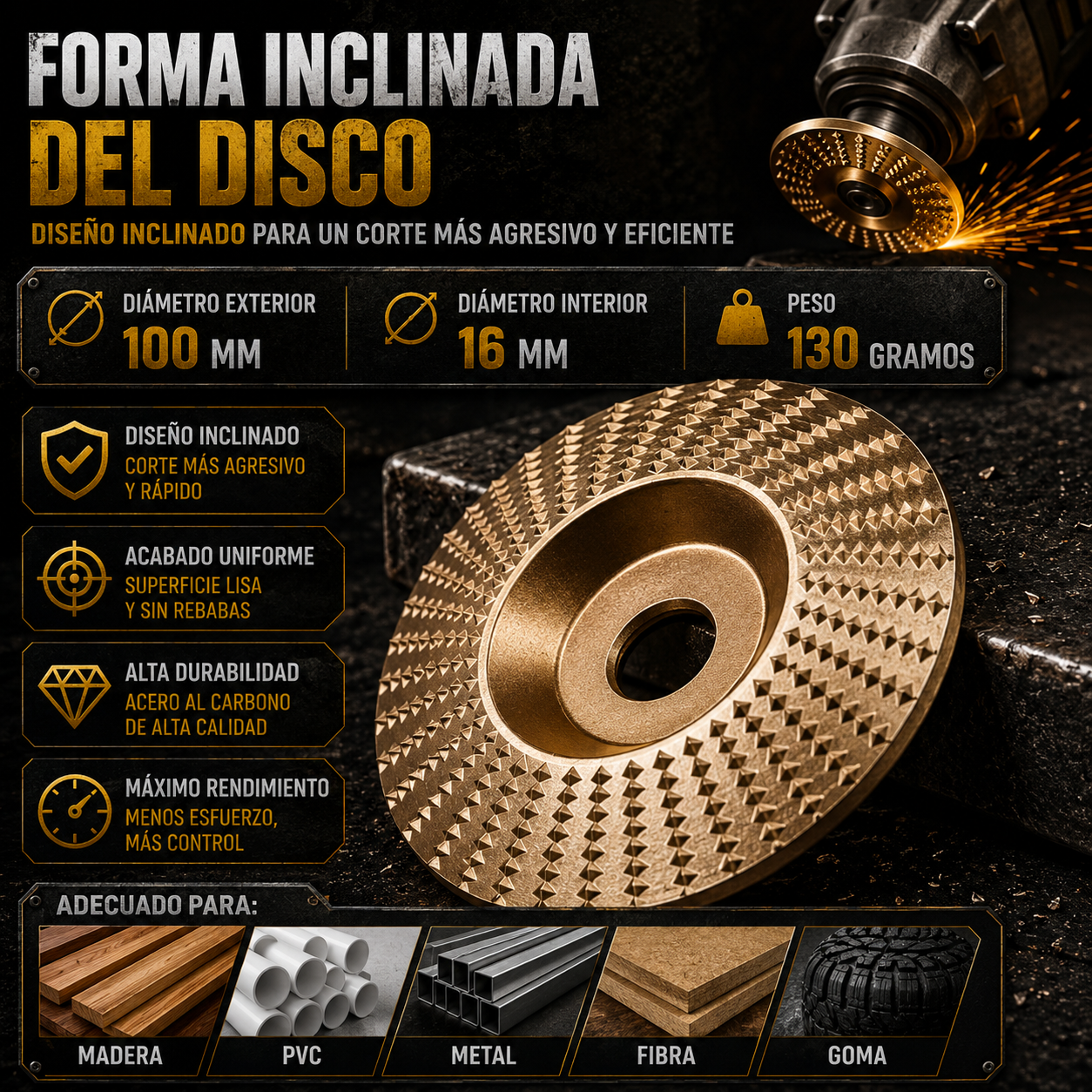 ⚡Juego De 3 Discos De Desbaste De Acero Al Carbono Resistente Para Madera (Plano – Curvo – Inclinado)