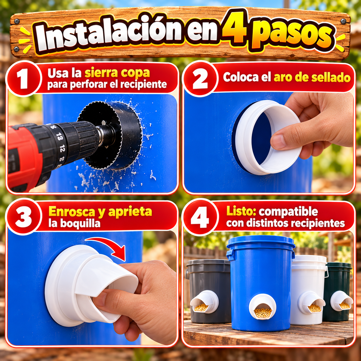 Comedero Automático para Gallinas y Patos – Incluye Sierra Copa y Broca
