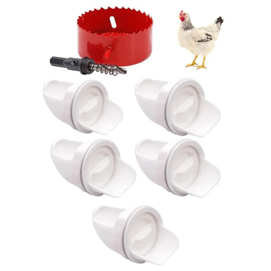 Puerta de alimentación automática para gallinas y patos, compatible con todo tipo de cubos – Incluye broca y sierra de corona