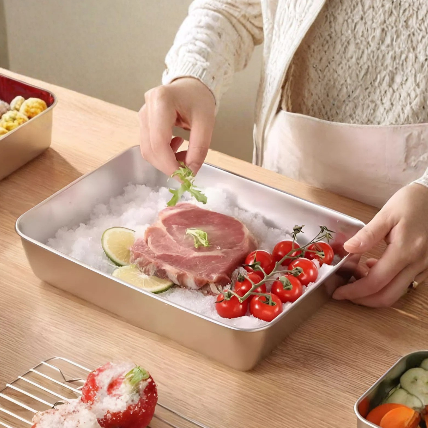 BANDEJA DE ACERO INOXIDABLE 304 PREMIUM - Mantiene los alimentos frescos hasta 5× más tiempo