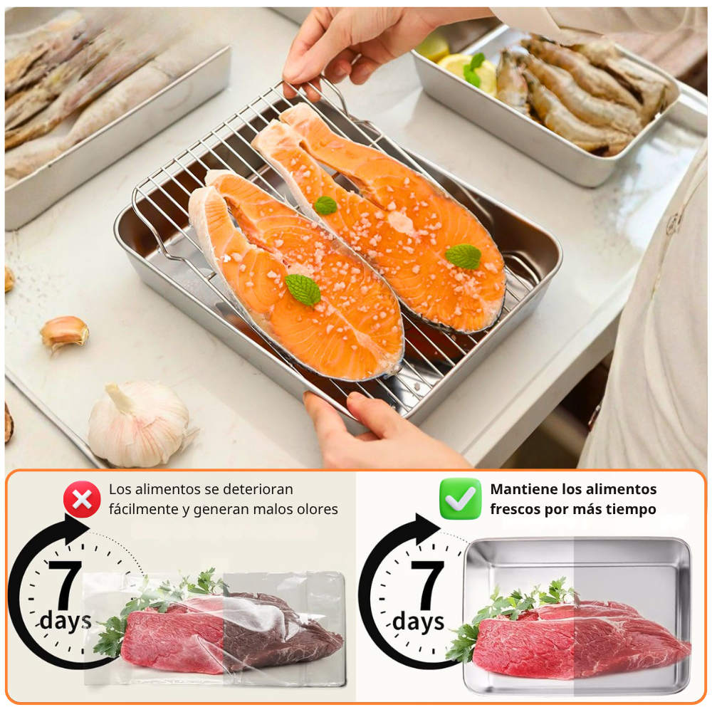 BANDEJA DE ACERO INOXIDABLE 304 PREMIUM - Mantiene los alimentos frescos hasta 5× más tiempo