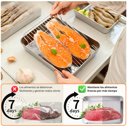 BANDEJA DE ACERO INOXIDABLE 304 PREMIUM - Mantiene los alimentos frescos hasta 5× más tiempo