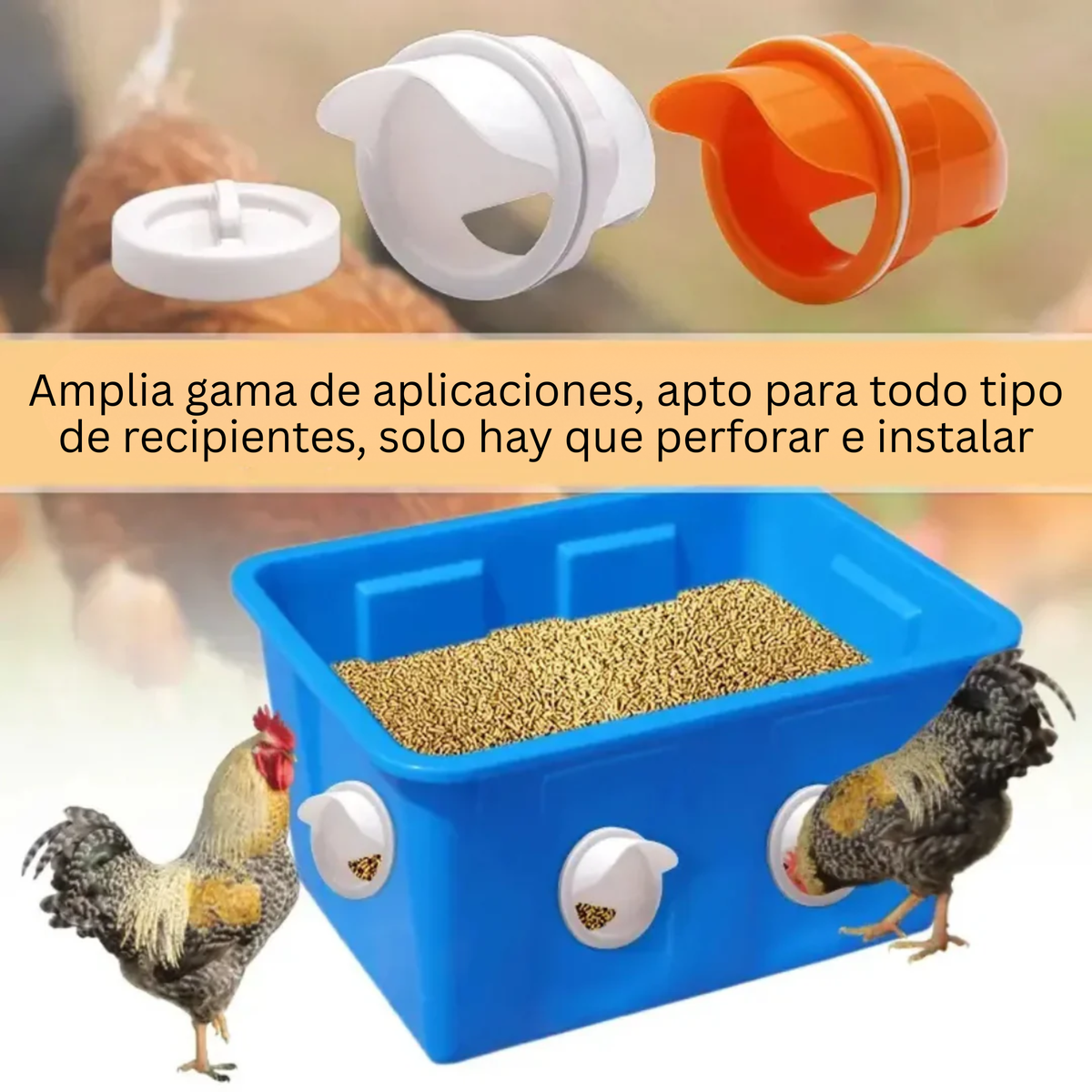 Puerta de alimentación automática para gallinas y patos, compatible con todo tipo de cubos – Incluye broca y sierra de corona