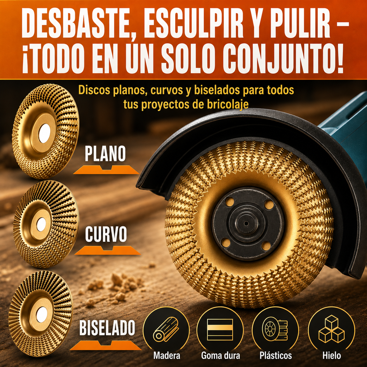 Set De 3 Discos De Desbaste De Acero Al Carbono Para Madera (Plano – Curvo – Inclinado)