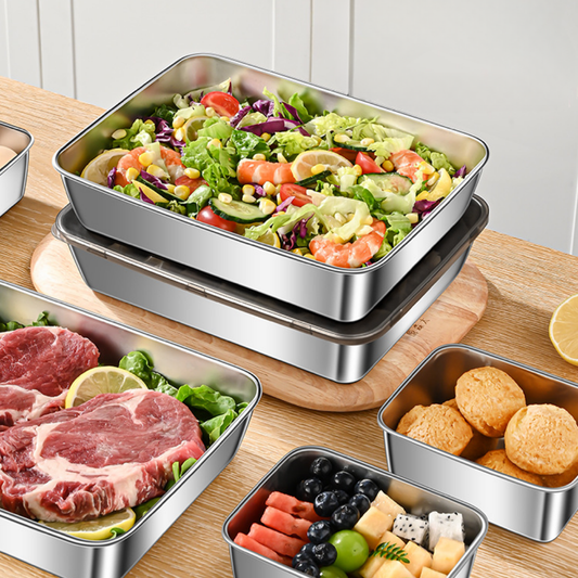 Caja para conservar alimentos SUS304, bandeja rectangular de acero inoxidable con tapa de goma, segura para la salud. (25 cm × 19.5 cm × 5 cm)