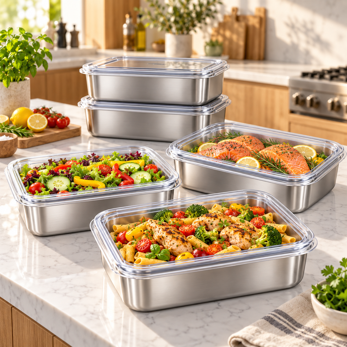 Recipiente de acero inoxidable 304 de 2500 ml – Una solución segura y práctica para conservar alimentos (25×20×6 cm)