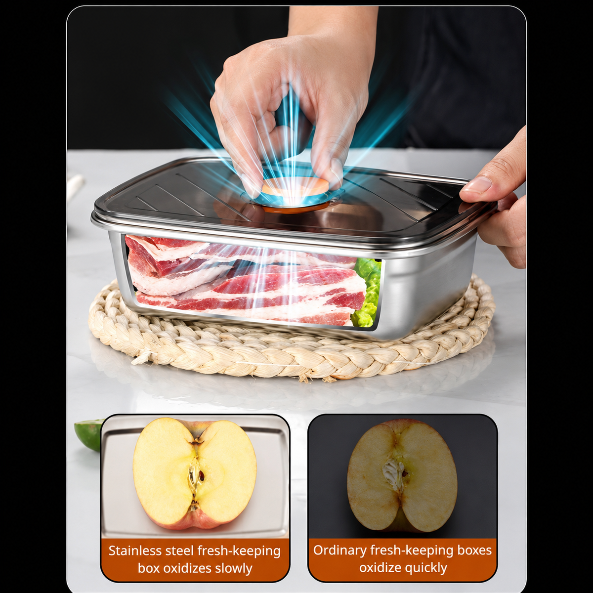 Recipiente Grande Para Alimentos Al Vacío De Acero Inoxidable Antibacteriano De 1500ml (19 x 14 x 8cm)