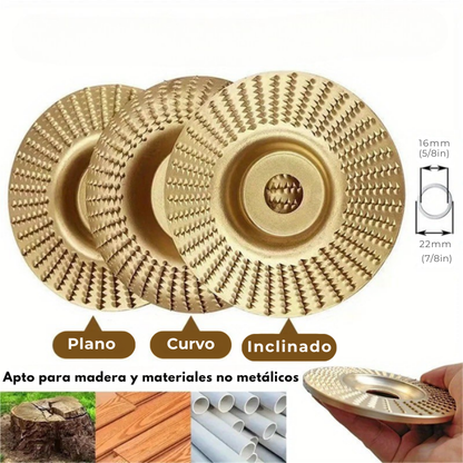 Set de 3 Discos de Desbaste de Acero al Carbono para Madera (Plano - Curvo - Inclinado)
