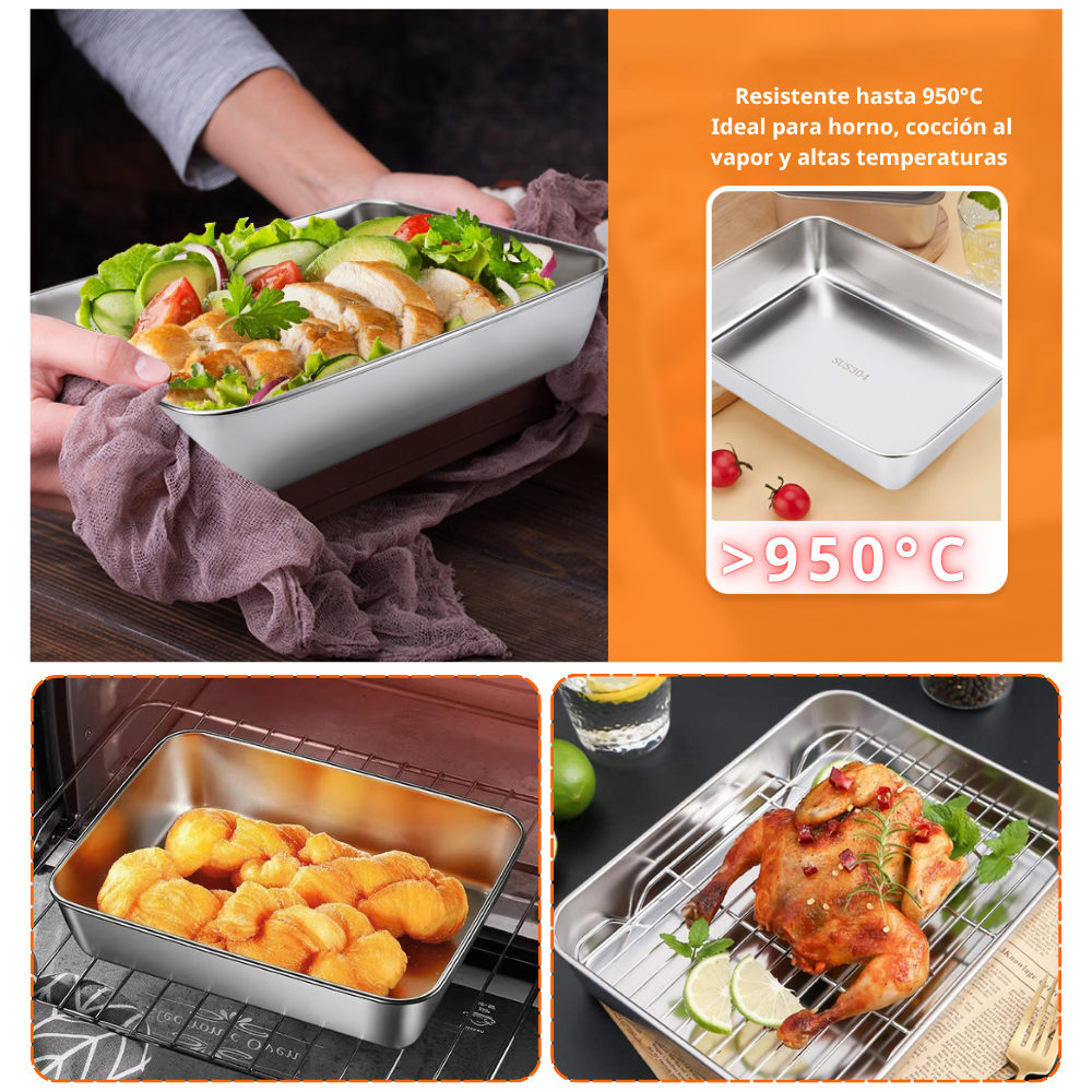BANDEJA DE ACERO INOXIDABLE 304 PREMIUM - Mantiene los alimentos frescos hasta 5× más tiempo