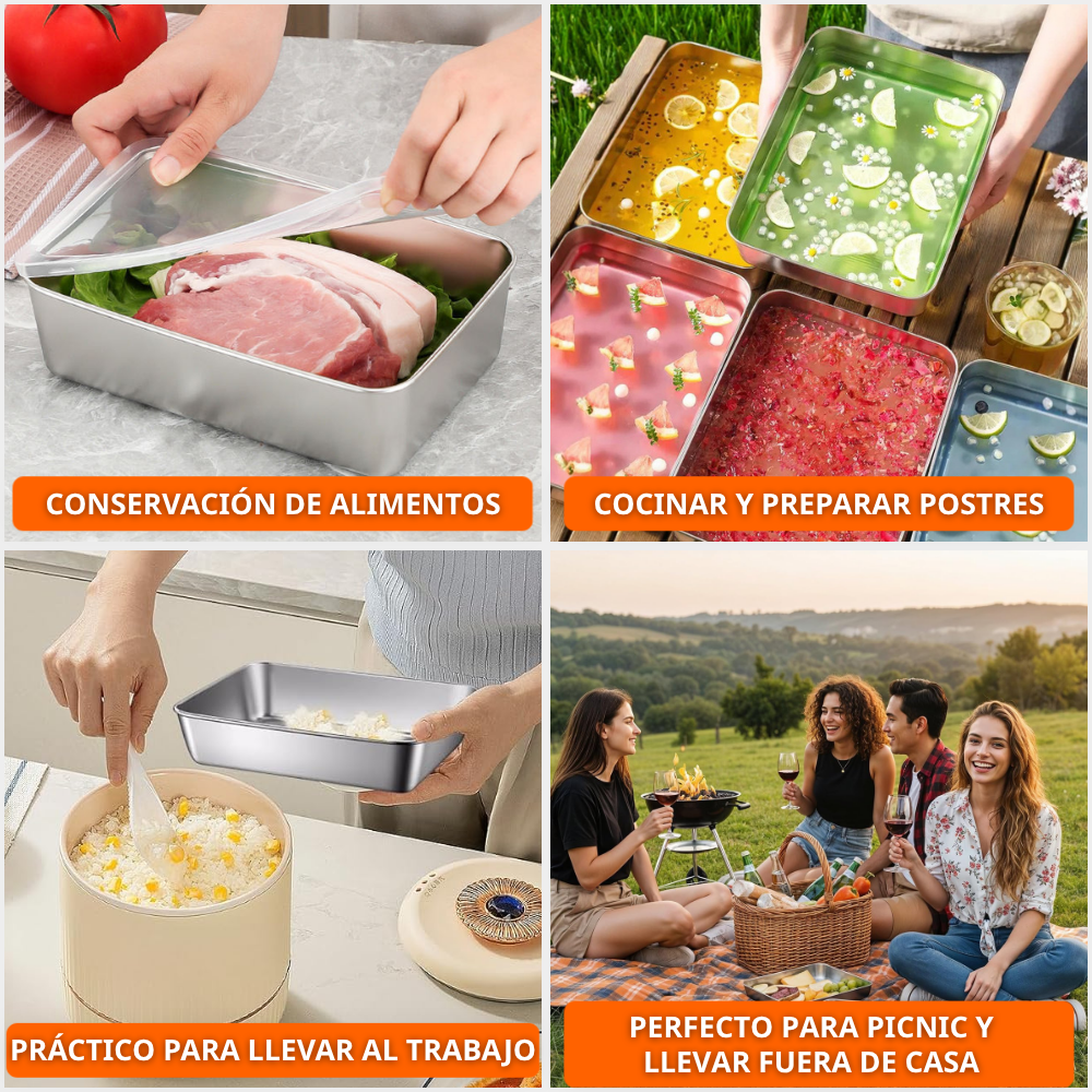 BANDEJA DE ACERO INOXIDABLE 304 PREMIUM - Mantiene los alimentos frescos hasta 5× más tiempo