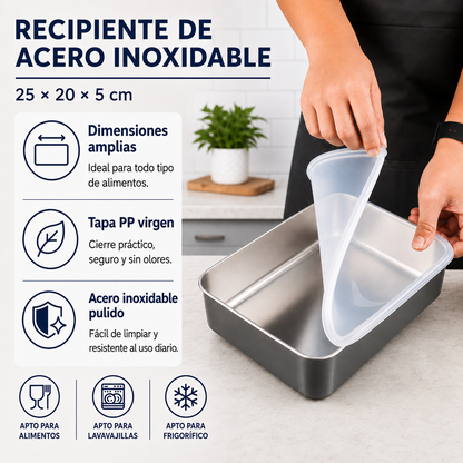 Contenedores de acero inoxidable SUS304 | Alimentos frescos por más tiempo (25x20x5cm)