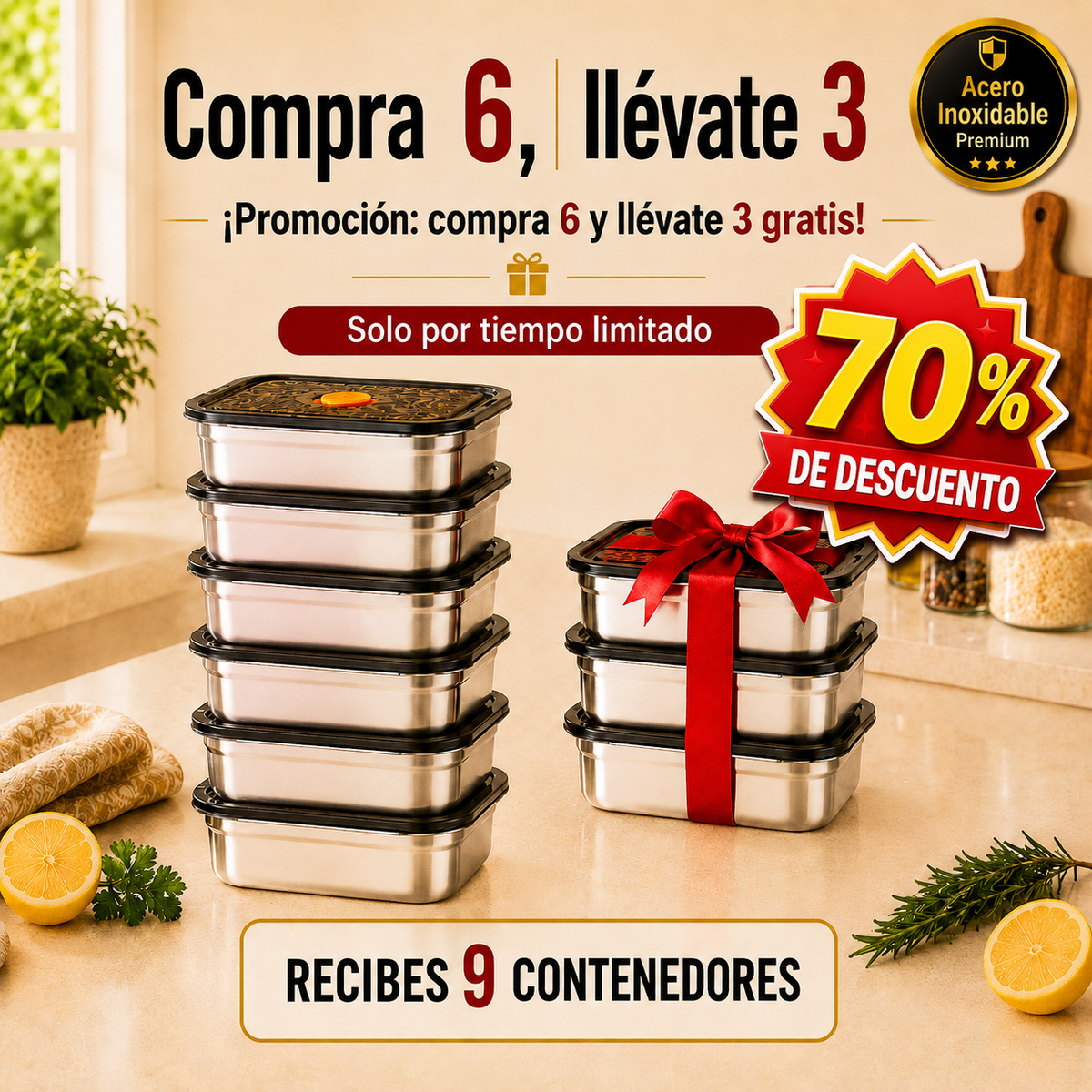 [🎁 ¡70% DE DESCUENTO!] Recipientes herméticos de acero inoxidable 316L (19 × 14 × 6 cm)