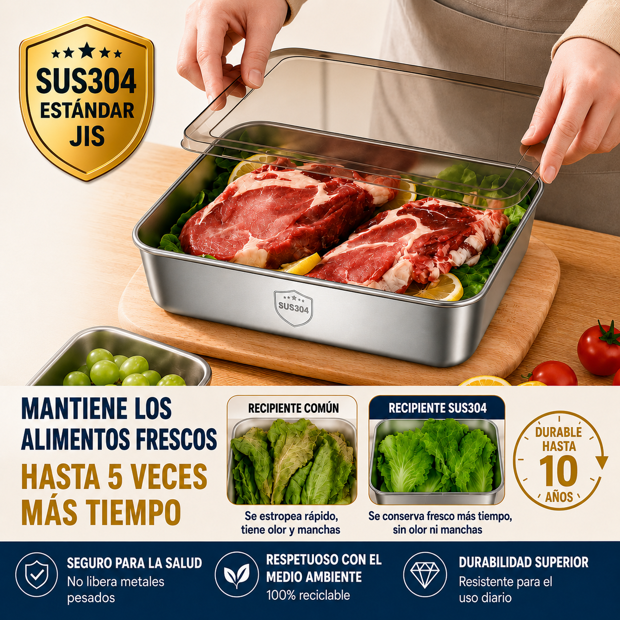 Contenedores de acero inoxidable SUS304 | Alimentos frescos por más tiempo (25x20x5cm)