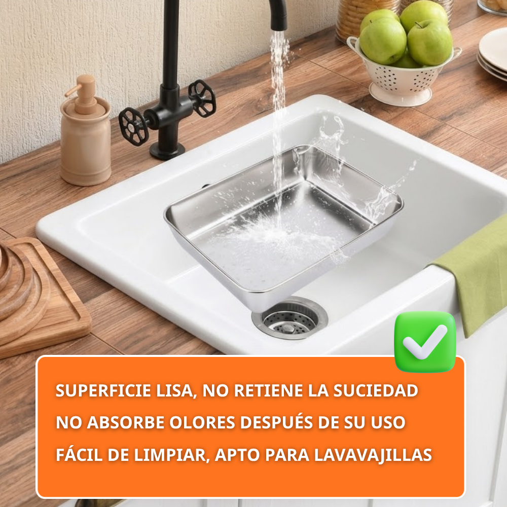 BANDEJA DE ACERO INOXIDABLE 304 PREMIUM - Mantiene los alimentos frescos hasta 5× más tiempo