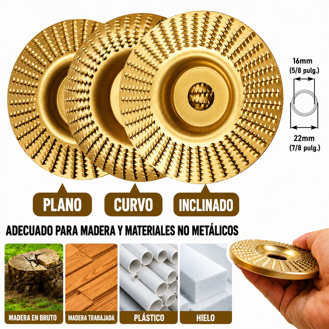 Set De 3 Discos De Desbaste De Acero Al Carbono Para Madera (Plano – Curvo – Inclinado)