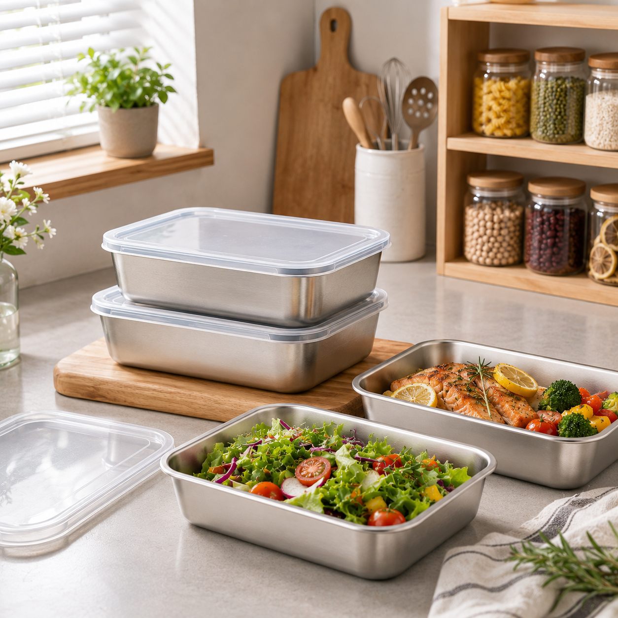 Contenedores de acero inoxidable SUS304 | Alimentos frescos por más tiempo (25x20x5cm)