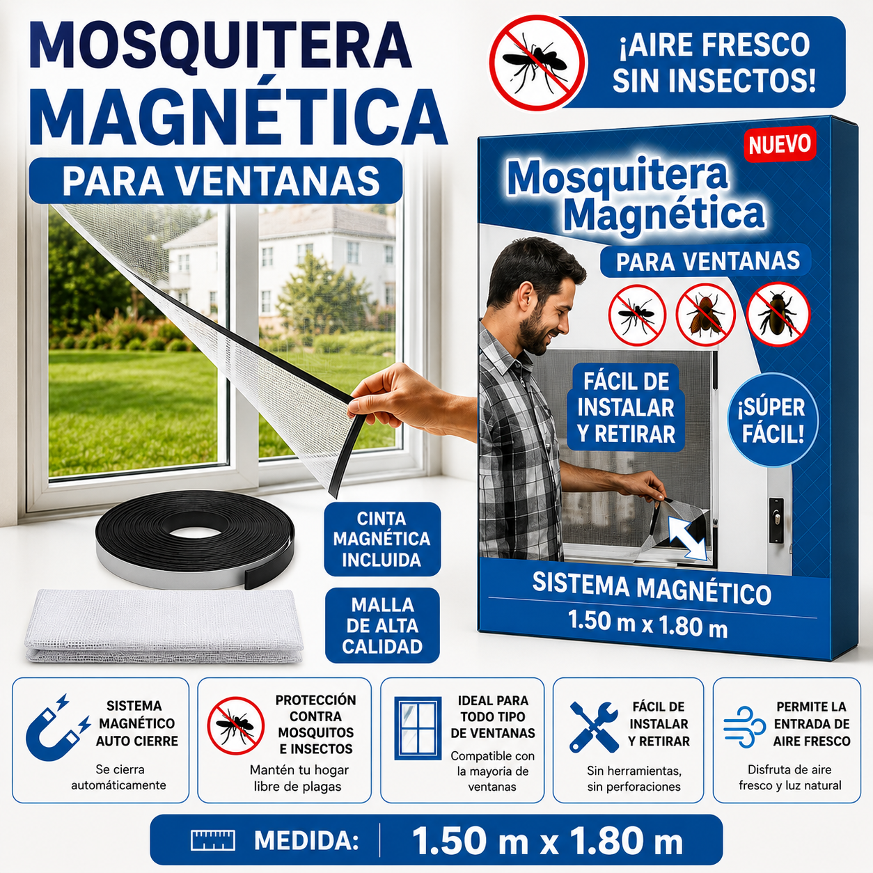 MALLA MOSQUITERA MAGNÉTICA PARA VENTANAS (1.50m x 1.80m)