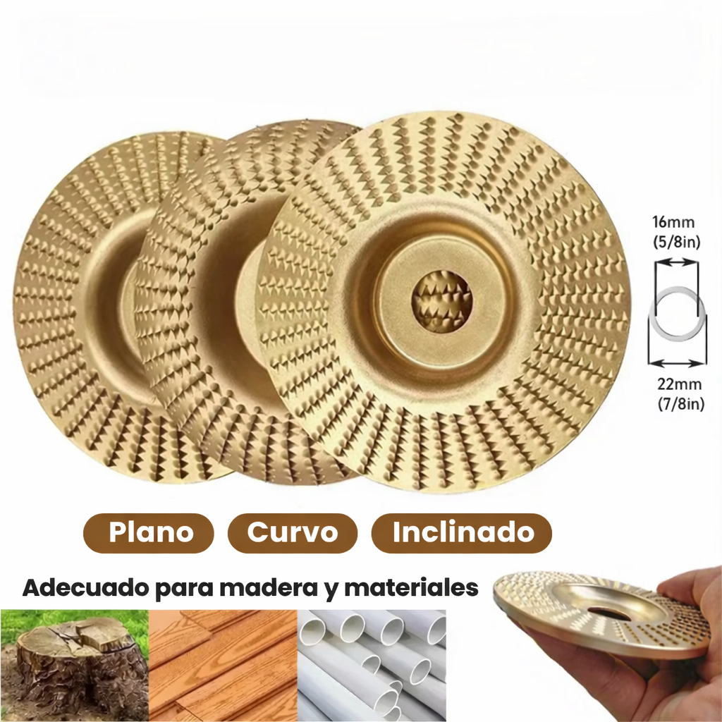 ✨Juego De 3 Discos De Desbaste De Acero Al Carbono Resistente Para Madera (Plano – Curvo – Inclinado)