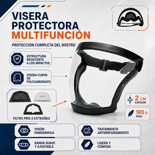 La visera protege el rostro del polvo fino y de la niebla.