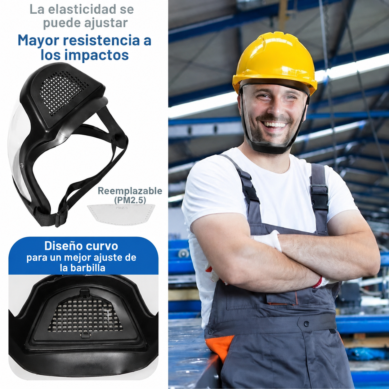 La visera protege el rostro del polvo fino y de la niebla.