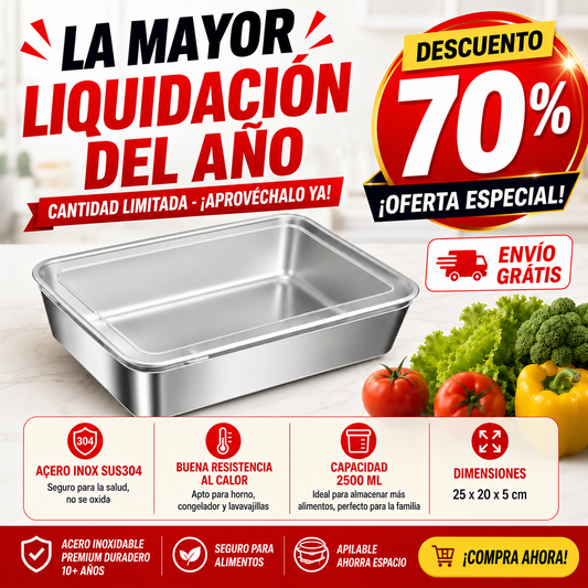 Recipiente de acero inoxidable 304 de 2500 ml – Una solución segura y práctica para conservar alimentos (25×20×6 cm)