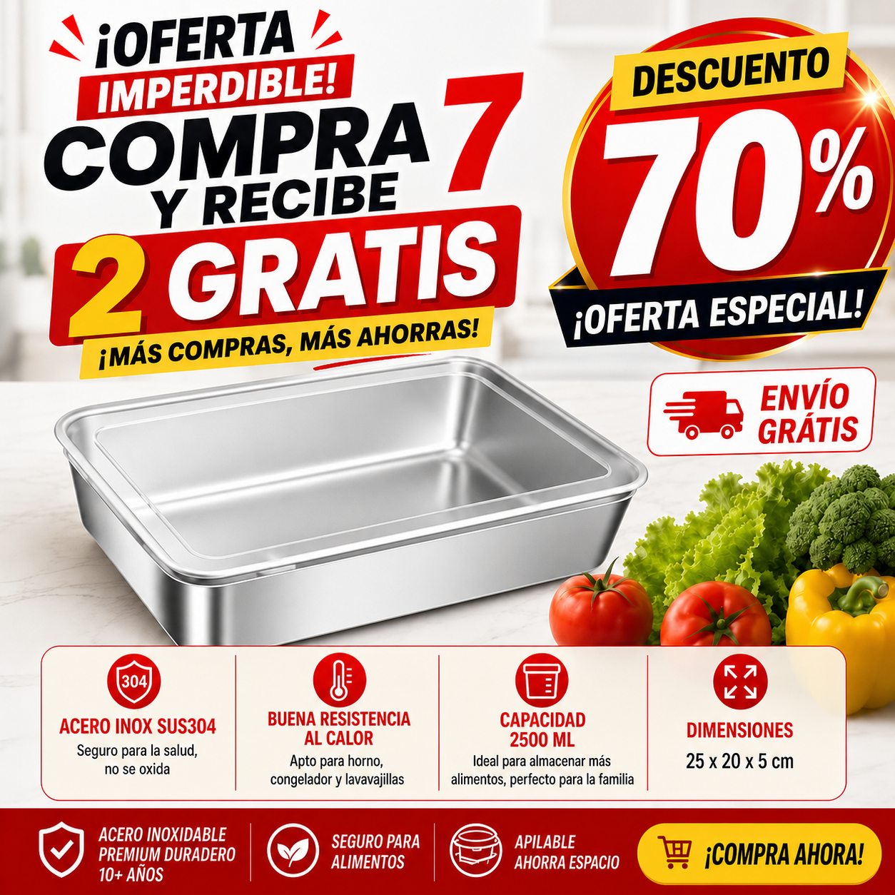 Recipiente de acero inoxidable 304 de 2500 ml – Una solución segura y práctica para conservar alimentos (25×20×6 cm)