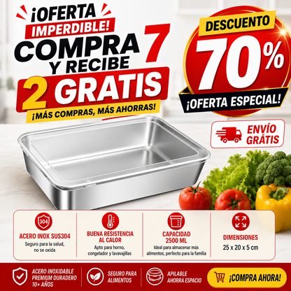 Recipiente de acero inoxidable 304 de 2500 ml – Una solución segura y práctica para conservar alimentos (25×20×6 cm)