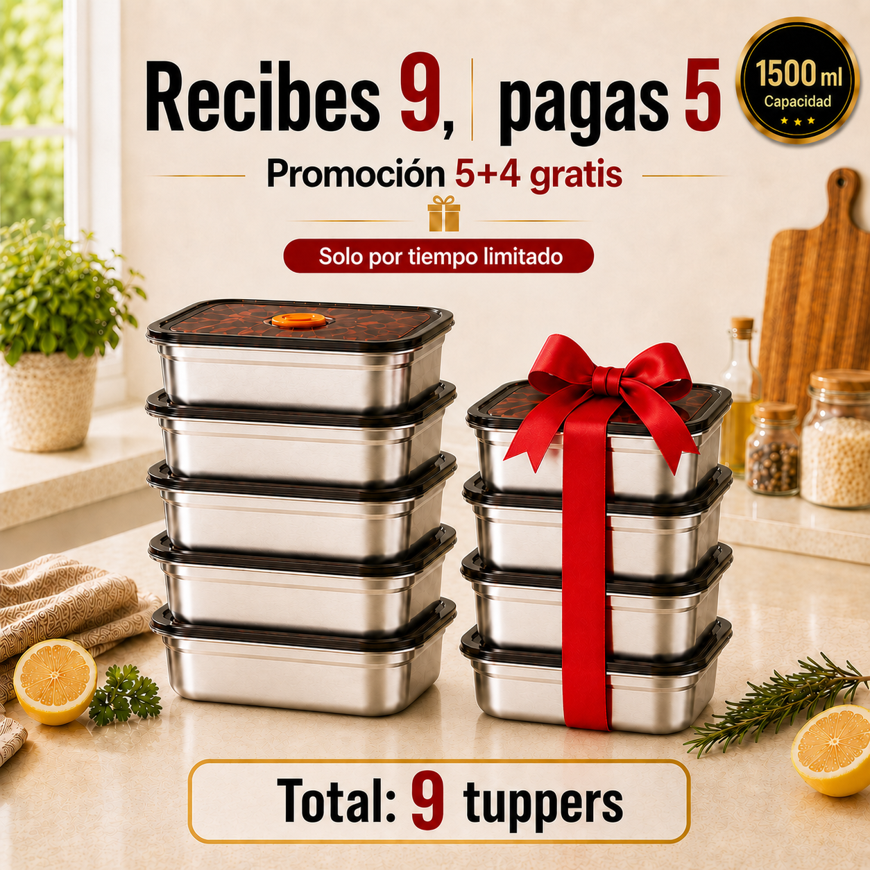 Llévate 9, Paga 5 | Tupper Hermético Inox 316L (1500ml)