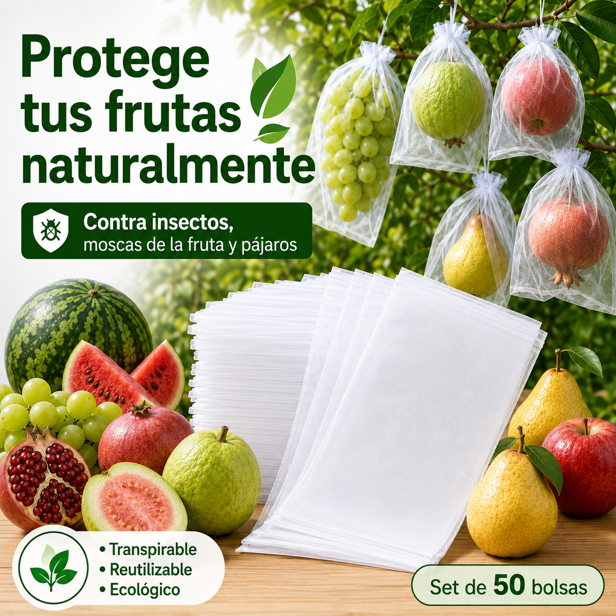 Bolsas de Malla Transpirable y Reutilizables para Proteger Frutas y Verduras – Protegen contra Insectos, Moscas de la Fruta y Aves