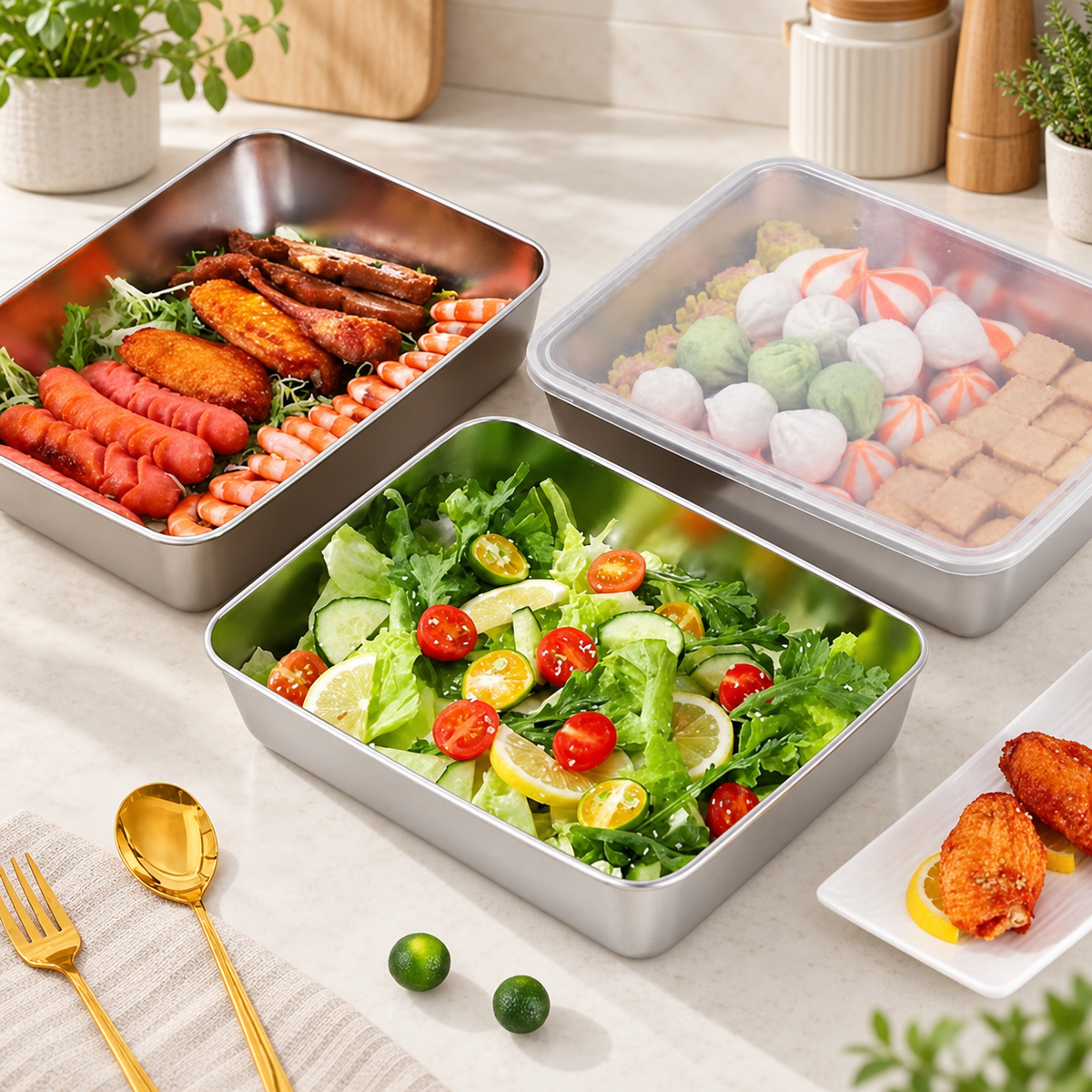 Recipientes inox SUS304 | Alimentos frescos por más tiempo (25×20×5 cm)