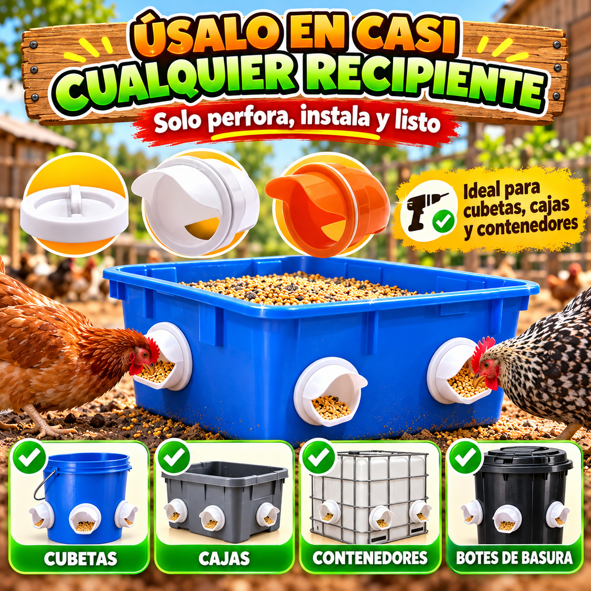 Comedero Automático para Gallinas y Patos – Incluye Sierra Copa y Broca