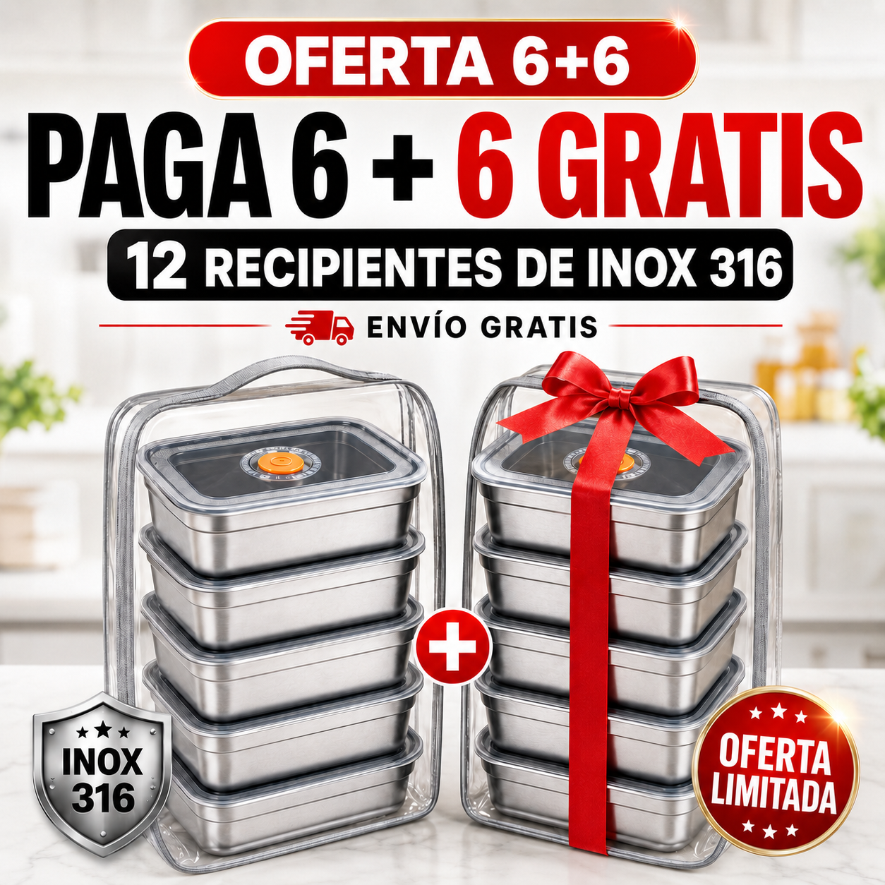 Recipiente Grande Para Alimentos Al Vacío De Acero Inoxidable Antibacteriano De 1000ml (19 x 14 x 5.5cm)
