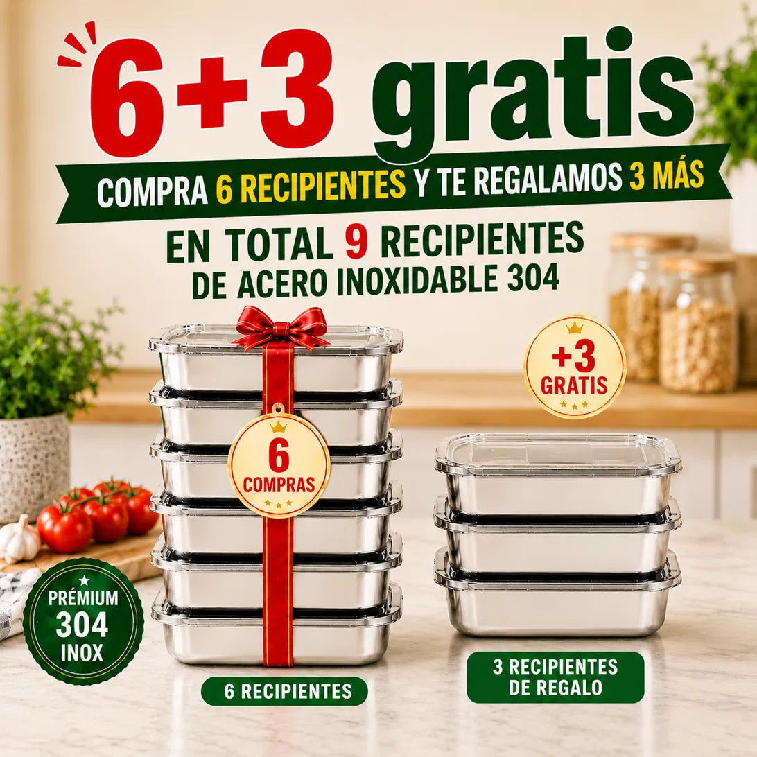 [Set 6 + 🎁3 Gratis] Recipientes de acero inoxidable 304 de 2000 ml