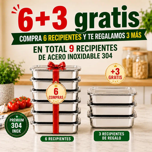 [Set 6 + 🎁3 Gratis] Recipiente de Acero Inoxidable 304 con Tapa Hermética de 2000ML