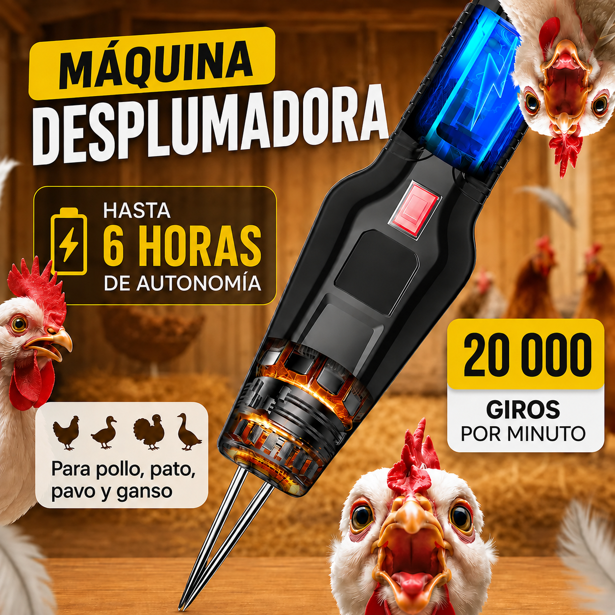 Desplumadora Eléctrica Rápida — Despluma un Pollo en Solo 60 Segundos