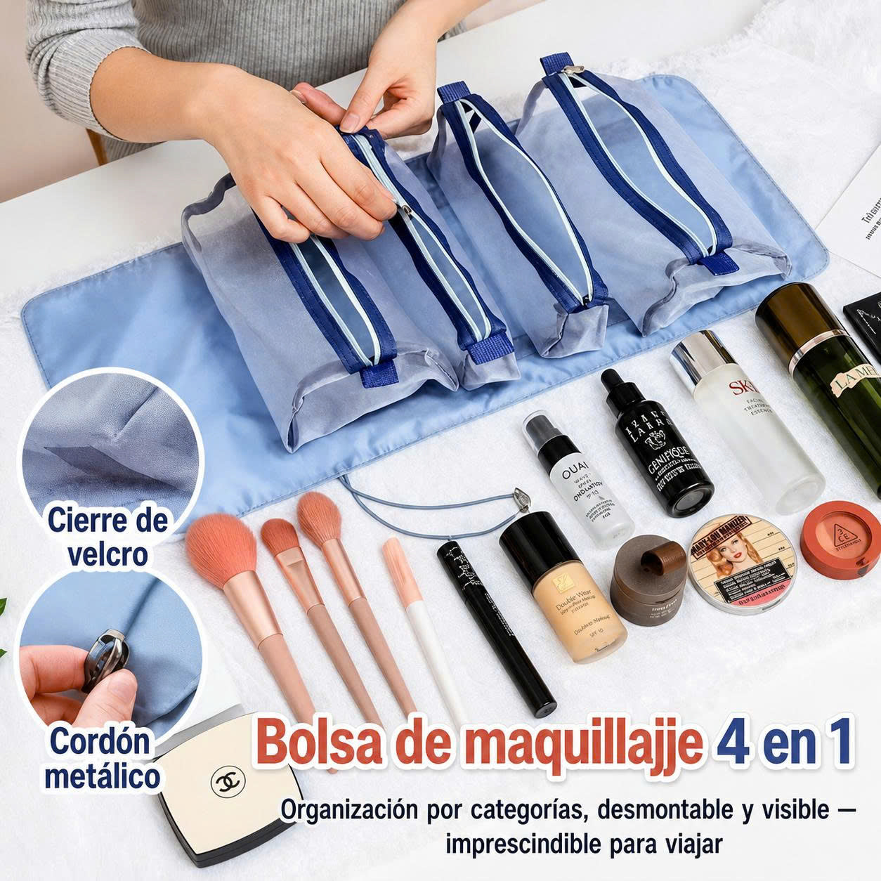 🛍️ Bolsa de Maquillaje 4 en 1 Tipo Rollo Plegable